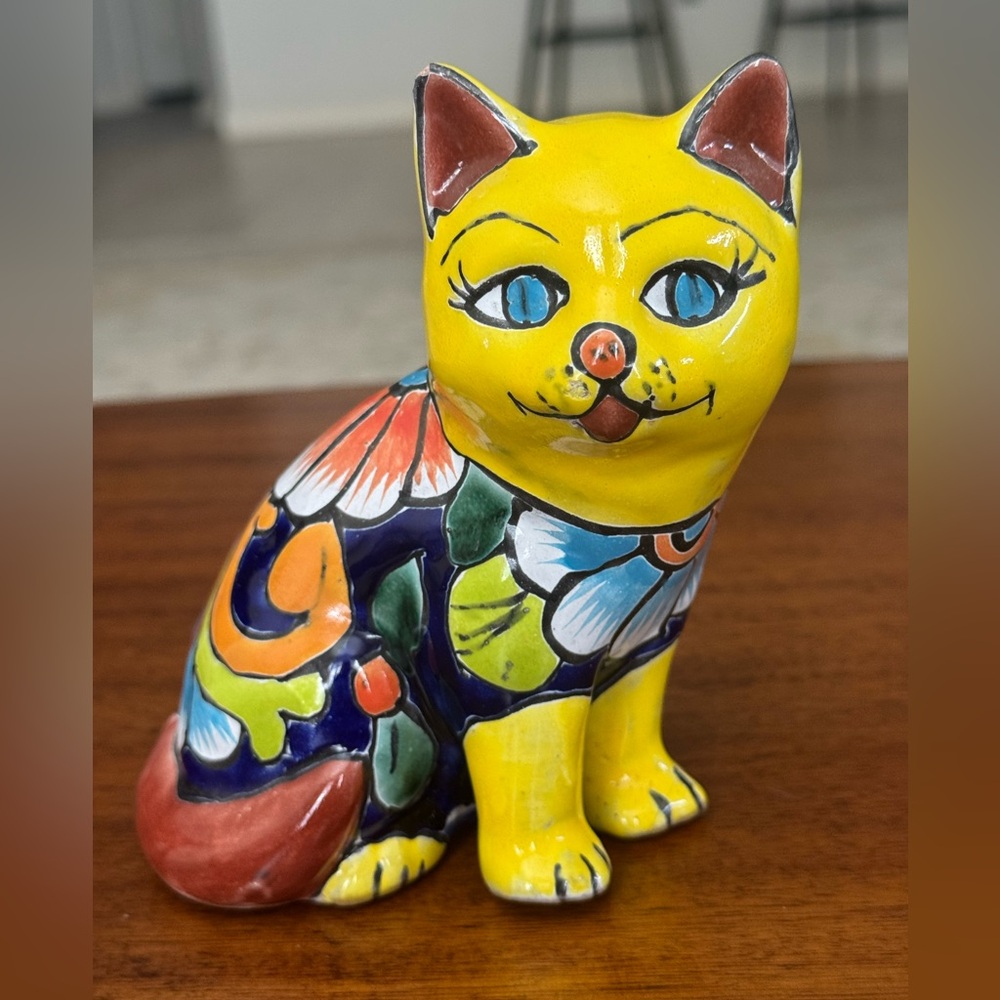 Hand Painted Mexican Talavera Cat Figurine Yellow Floral Pottery 6”